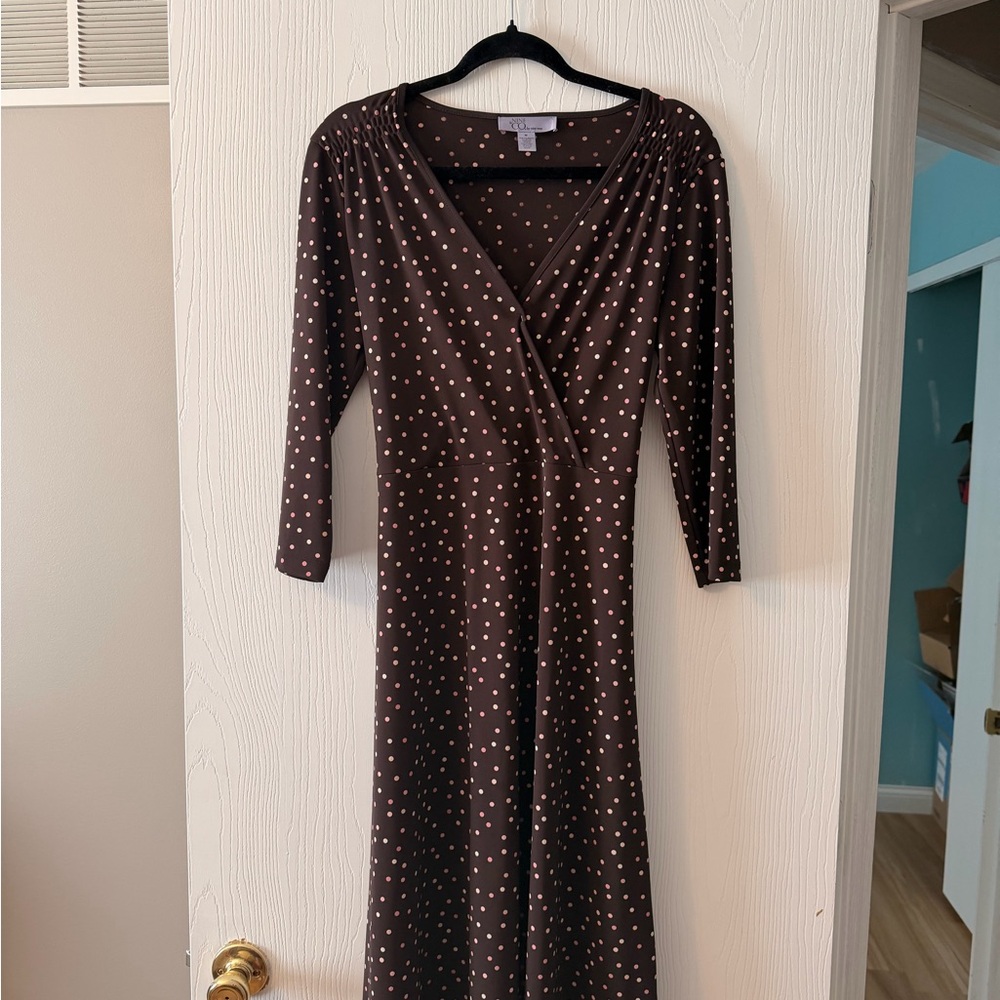 Nine West | Brown Polka Dot Wrap Dress - 3/4 Sleeve